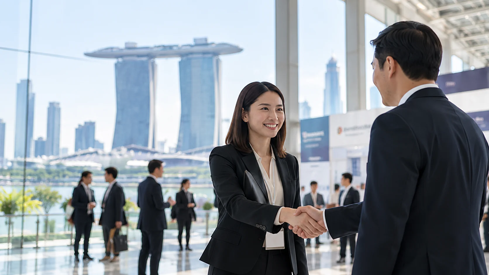 Two business professionals shaking hands at an event venue