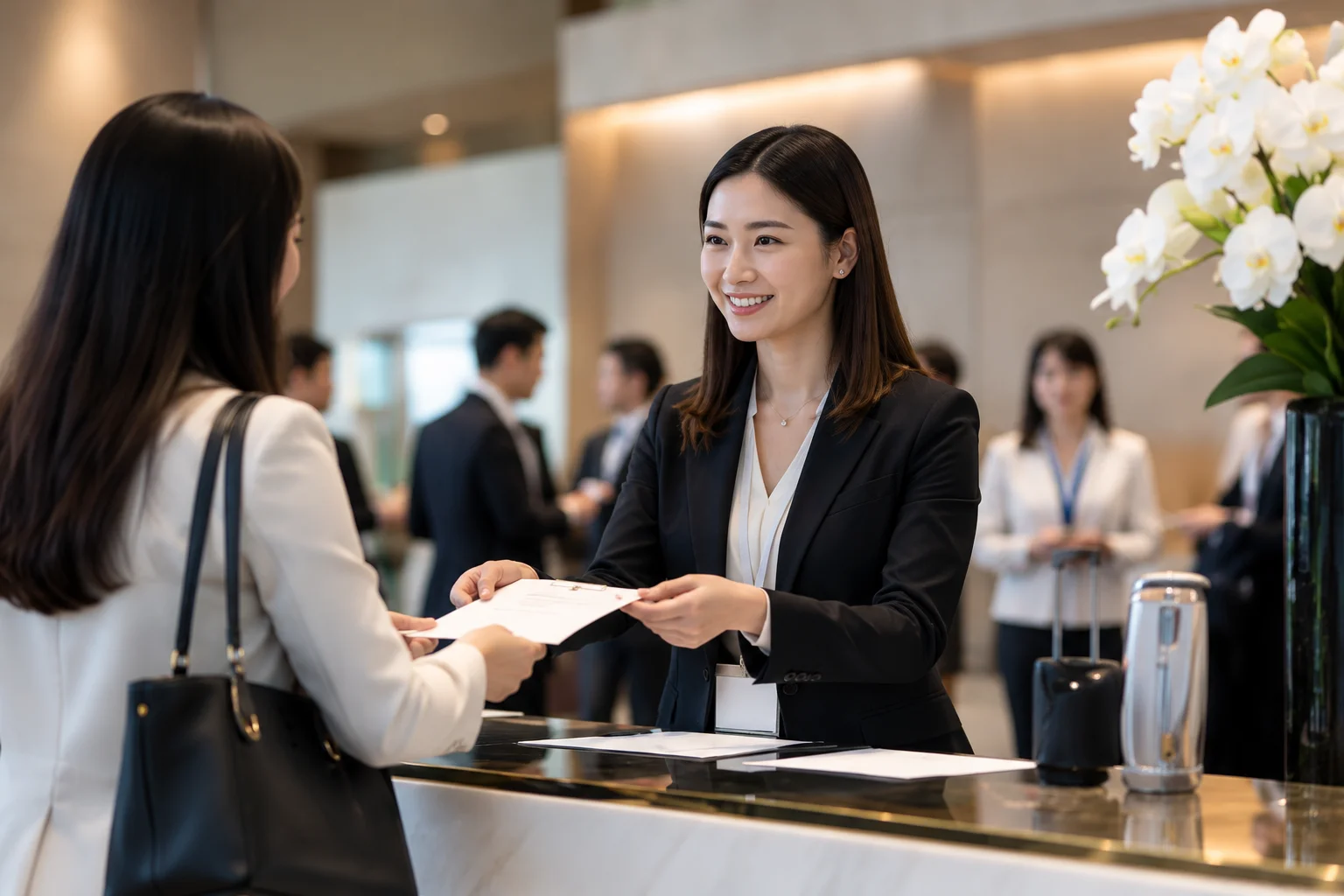 Hospitality coordinator assisting a guest at a welcome desk
