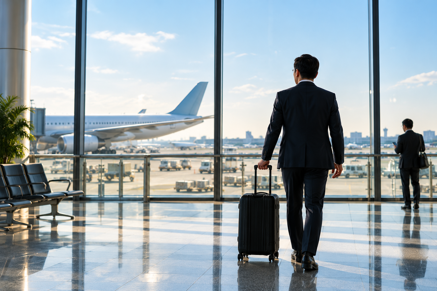 Business traveller looking towards aircraft at an airport