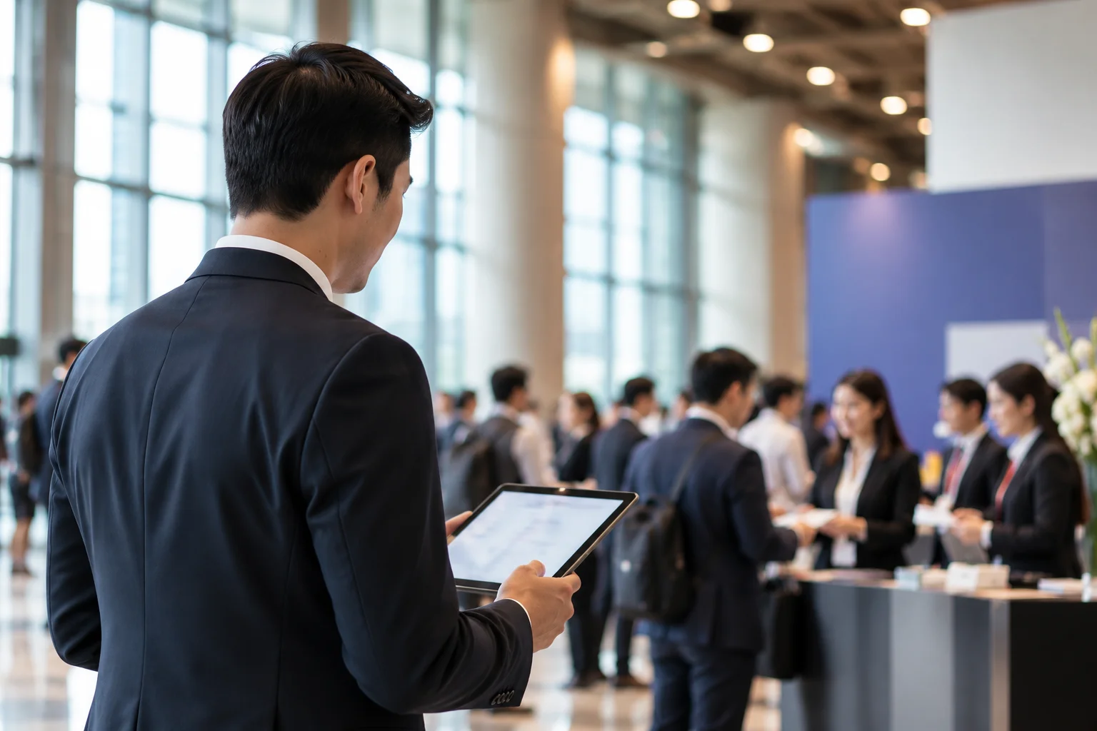 Event coordinator using a tablet at a conference