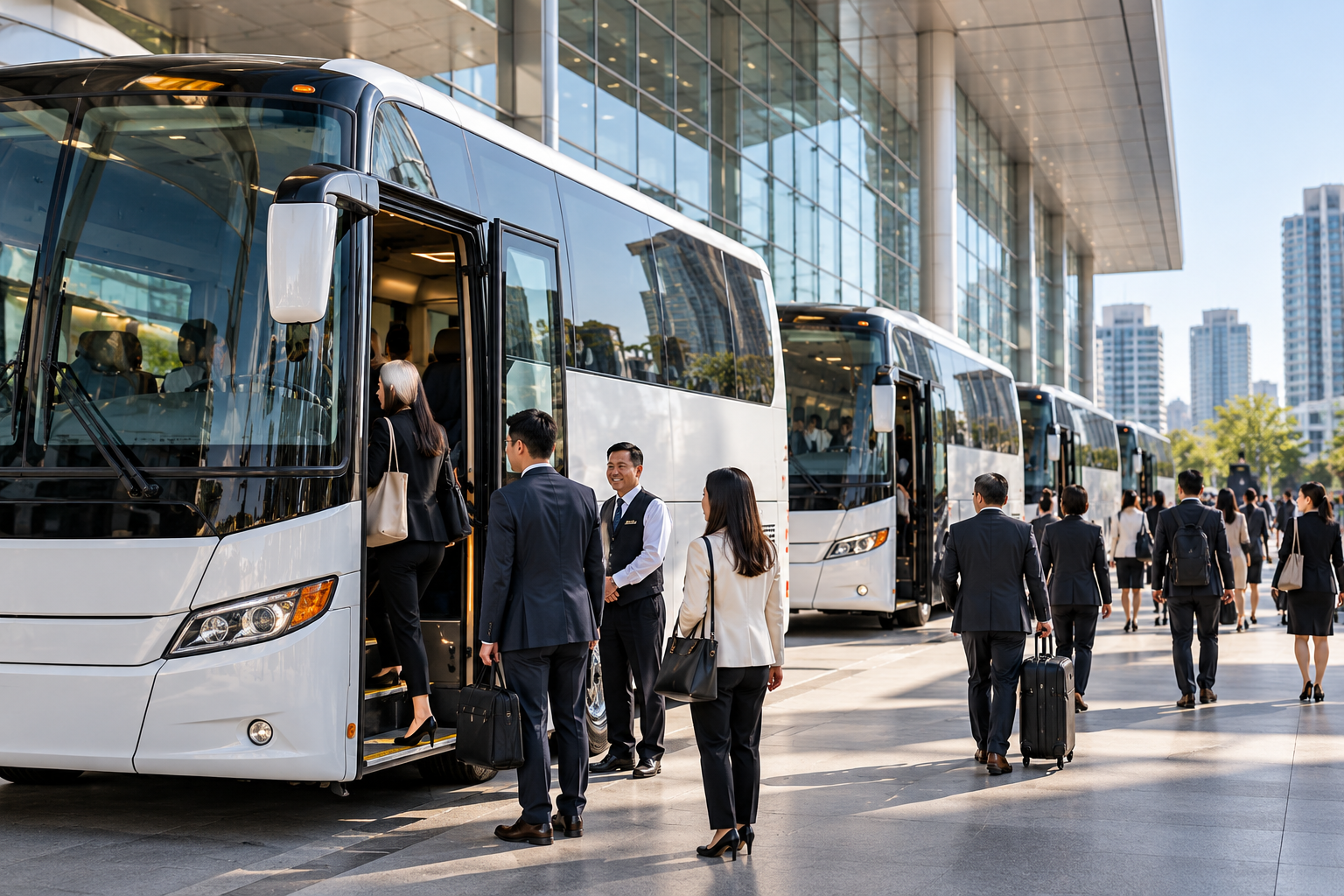Delegates boarding coaches outside an event venue