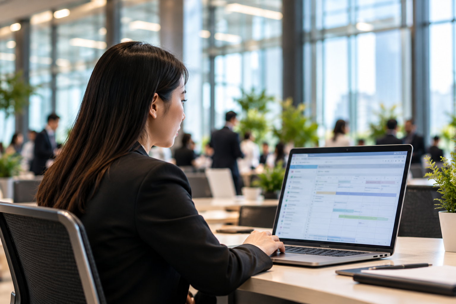 Event coordinator working on a laptop at a conference