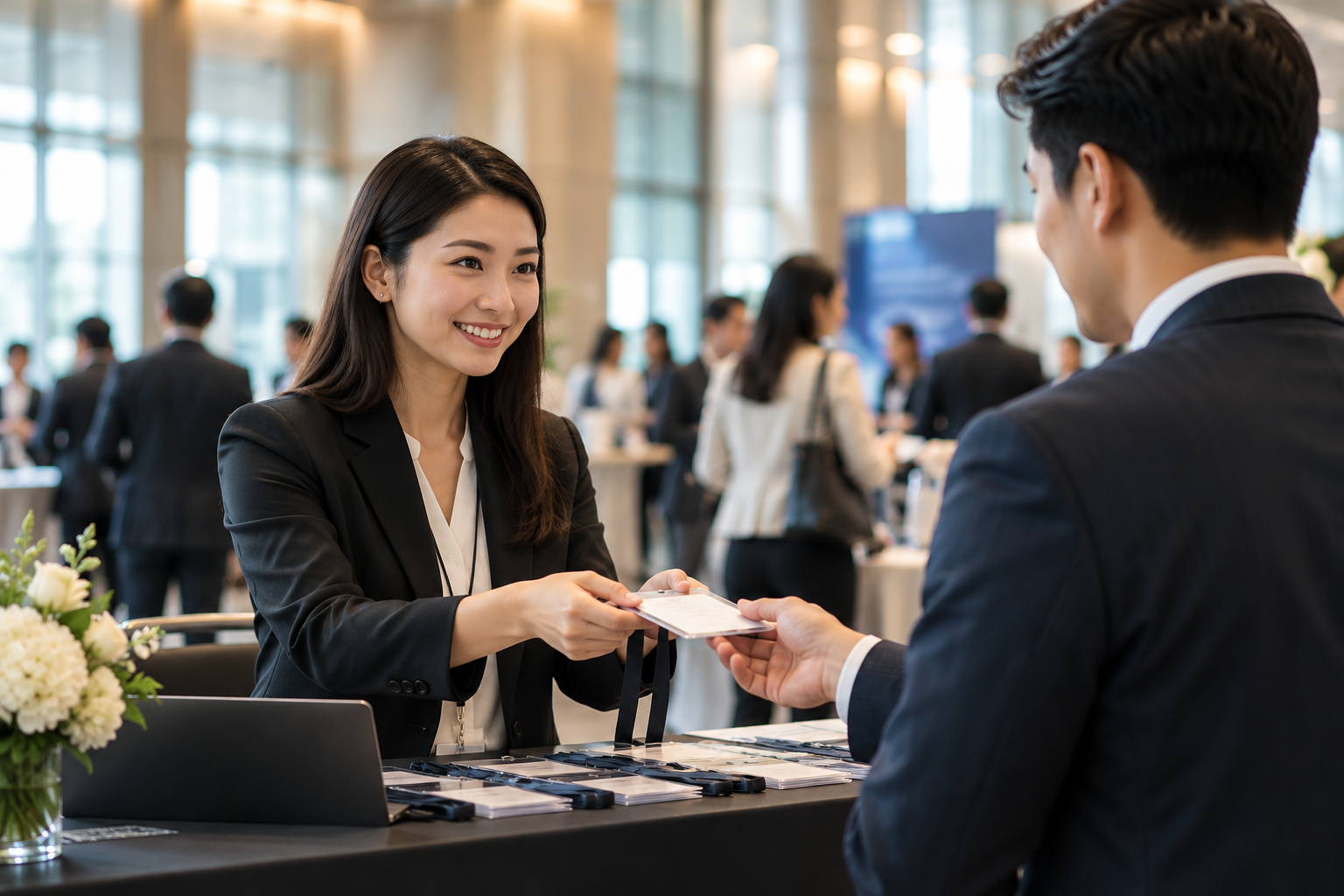 Conference hospitality coordinator helping a delegate