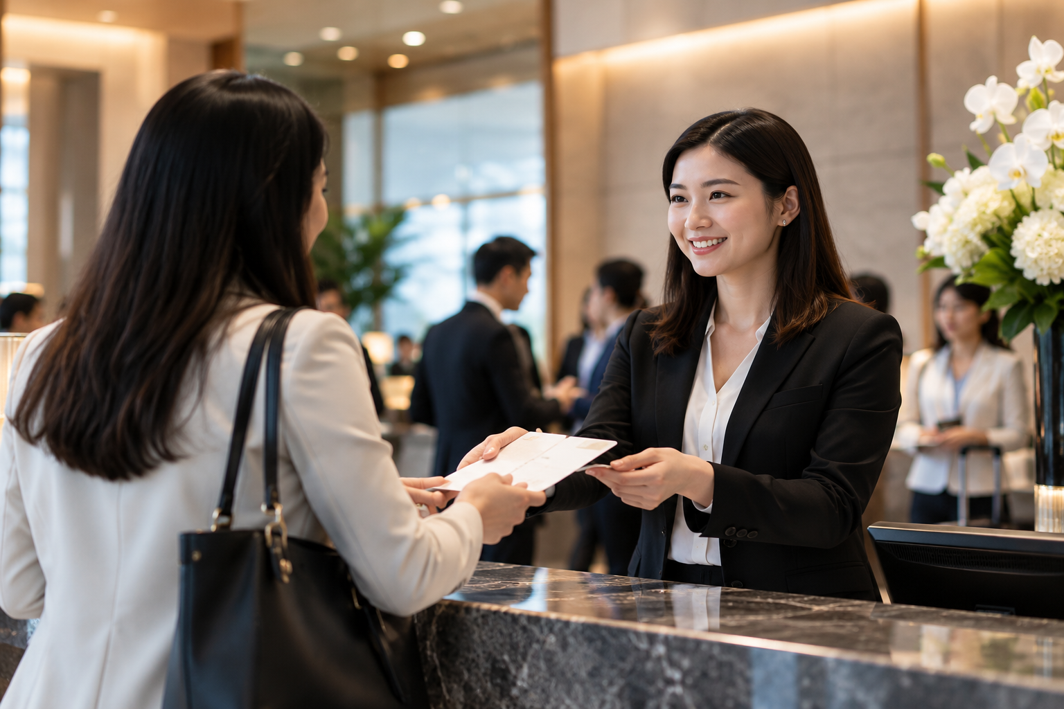 Hospitality coordinator assisting a guest at a hotel desk