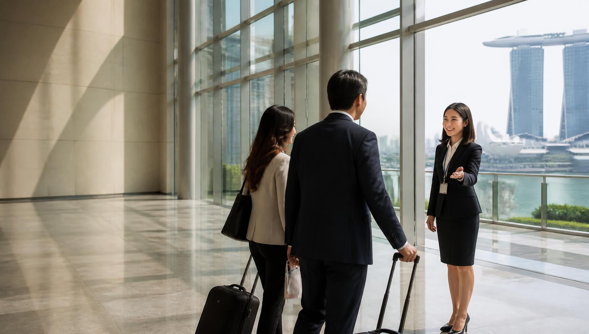 Hospitality host welcoming arriving business delegates in a Singapore convention centre foyer