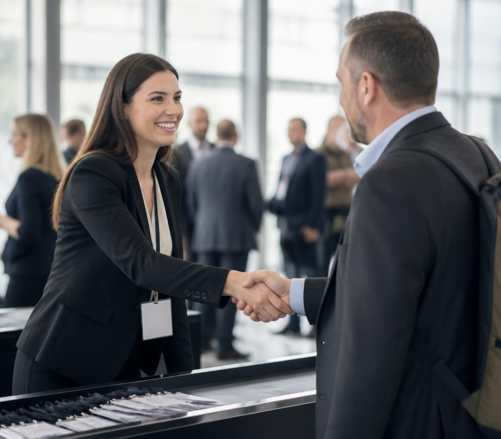 Event host welcoming a business delegate at a conference registration desk