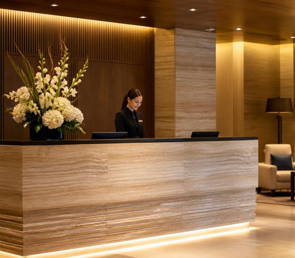 Reception desk of an upscale business hotel with a member of staff on duty