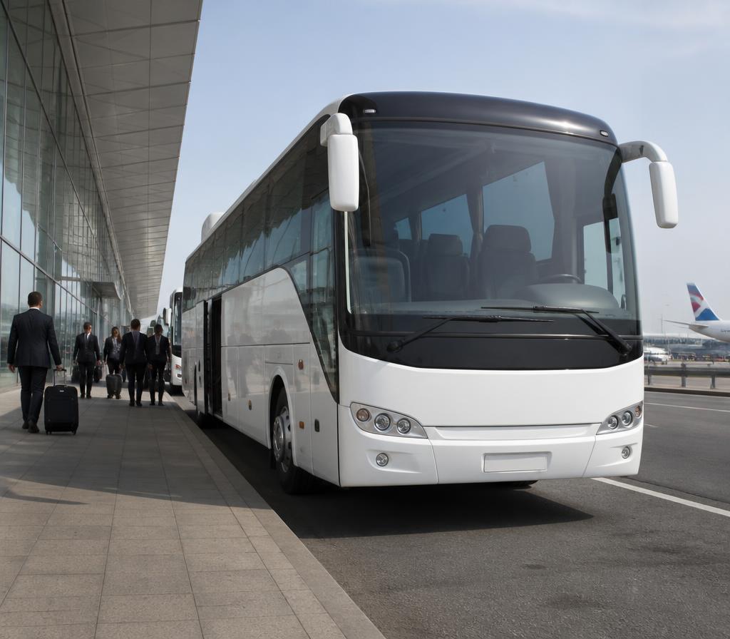 Modern coach waiting at an airport terminal transfer kerb